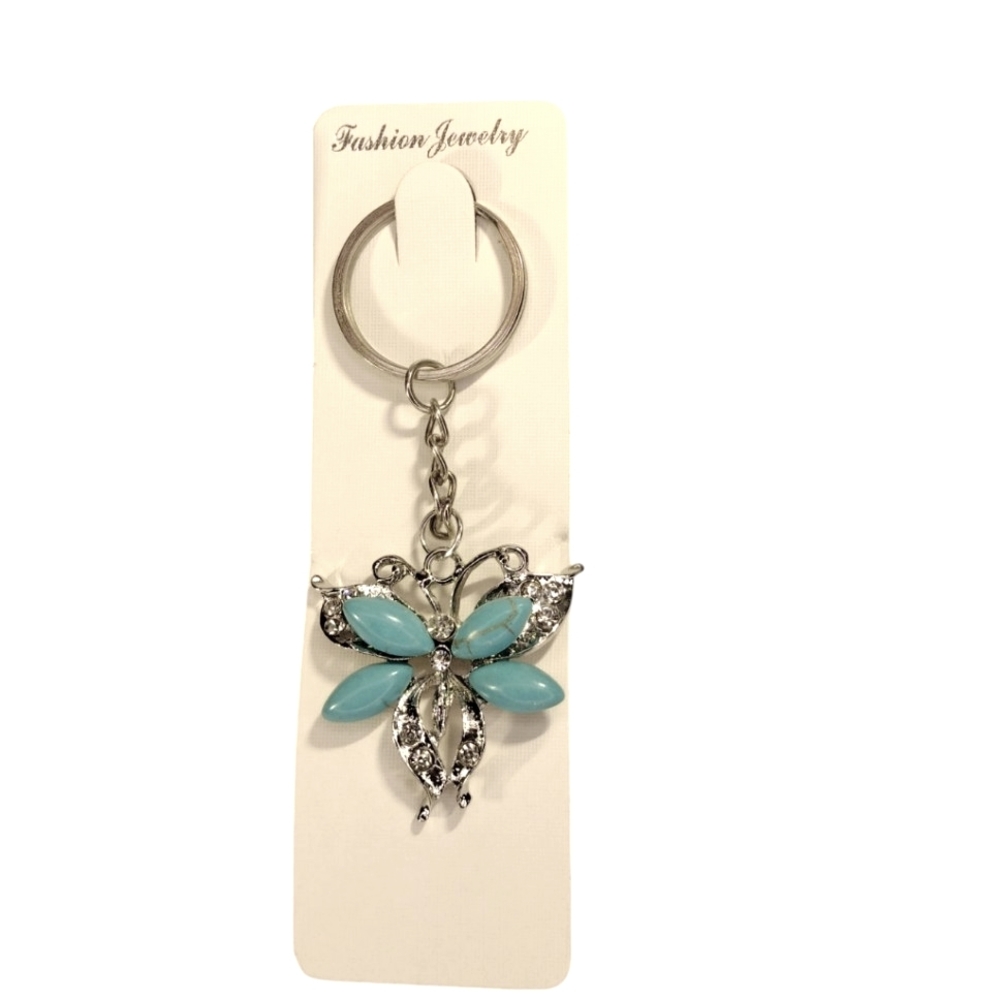 Turqoise & Crystal Butterfly Keychain Silver Tone NWT